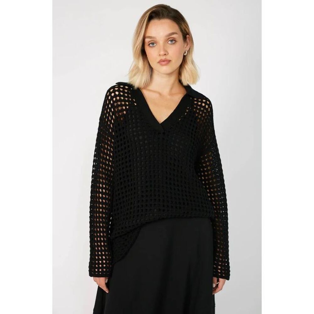 ✨NA-KD Crochet Collared V-Neck Black Sz S/M Sweater✨